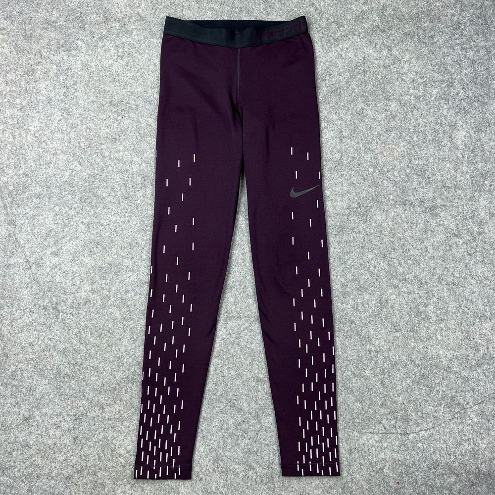 Nike Pro Leggings Womens Small Purple Linear Rain Print Reflective‎ Warm Stretch